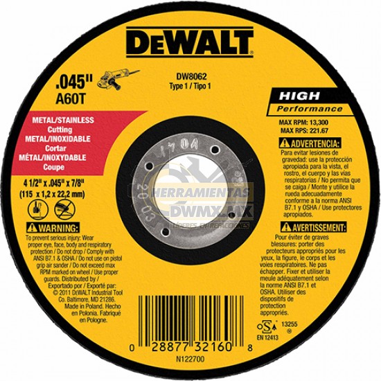 DISCO DE CORTE 4-1/2" X 0.45" X 7/8" PLANO (115 X 1.2 X 22(MM))