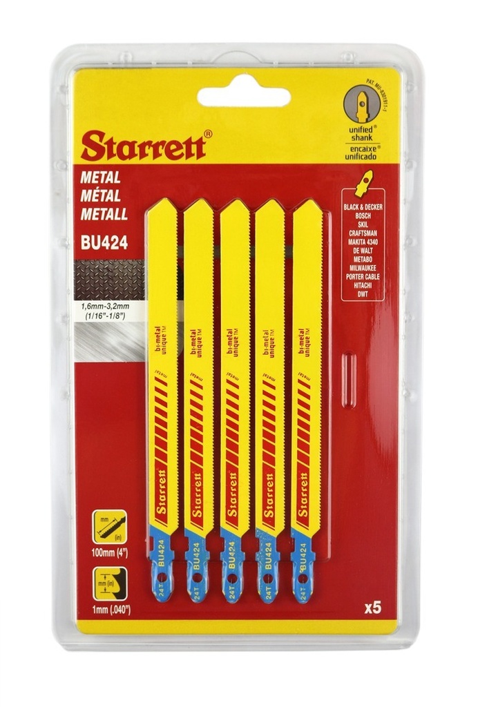 JUEGO DE SIERRAS PARA CALADORA PARA METAL 105(MM) X 9.5(MM) X 1(MM) X 24(DT) CORTE RECTO/CURVO BI METAL UNIQUE 5(PIEZAS) (CAJA=6PAQ)