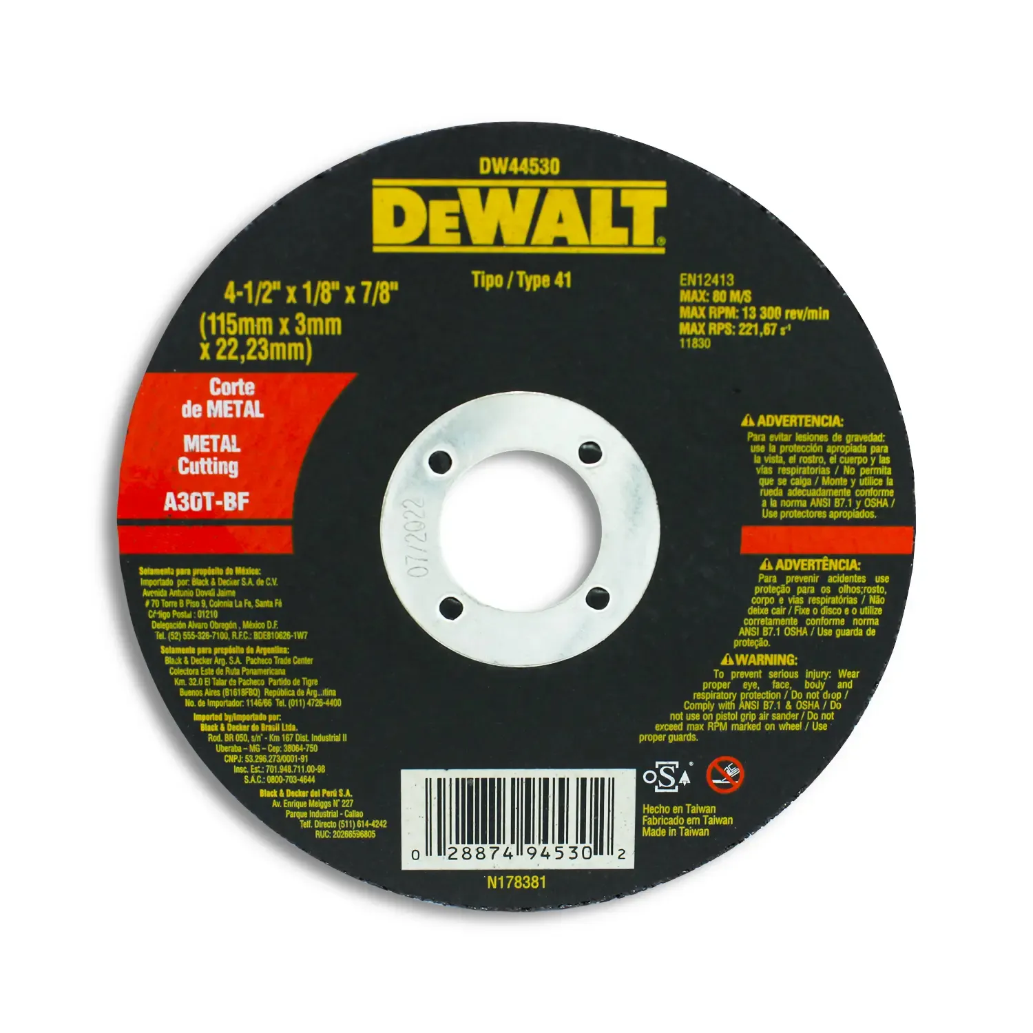 [DW44530] DISCO DE CORTE 4-1/2" X 1/8" X 7/8"