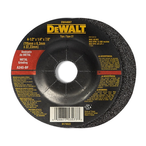 [DW44607] DISCO DE DESBASTE 4-1/2" X 1/4" X 7/8" CENTRO DEPRIMIDO