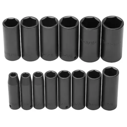 [74114] JUEGO DE DADOS DE IMPACTO  LARGOS M1/2" 3/8"-1-1/4" 6(PUNTAS) 15(PIEZAS)