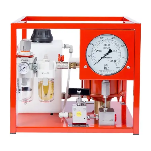 [HF-AHP107] BOMBA PARA PRUEBAS HIDROSTATICAS NEUMATICA  10000(PSI) 690(BAR) CON DEPOSITO 7.5(LT) CAUDAL ESTANDAR MANOMETRO ANTIVIBRACION 150(MM) DOBLE ESCALA SALIDA 1/2"(NPT) 